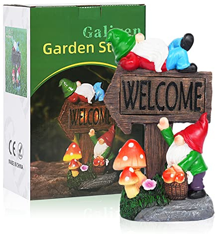 Statuettes de nain de jardin solaires avec panneau de bienvenue - Sculptures et statues de nains de jardin en résine de 30 cm pour terrasse, balcon, cour, pelouse, cadeau de pendaison de crémaillère