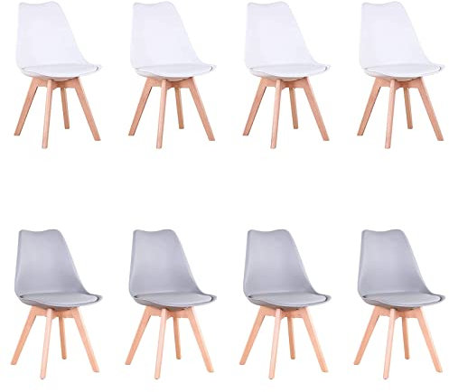 HJhomeheart Lot de 8 Chaises de Salle à Manger, Pieds en Bois Massif, Coussin de Chaise Amovible, Chaise de Cuisine, Chaise Moderne (Blanc+Gris-8)