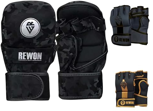 Rewon MMA Handschuhe - Sparring Grappling Handschuh - Hybrid Palm Martial Arts Fäustlinge Männer Frauen Maya Hide Leder Handgelenkstütze (Schwarz, S/M)