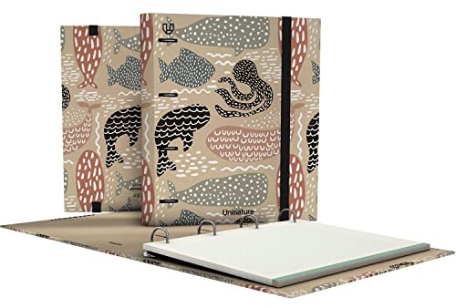 Unipapel - Ökologischer Ordner mit 4 Ringen, A4, enthält 100 recycelte Blätter, 90 g, kariert, 5 x 5, Farbbänder, Uninature Design Wale, FSC Recycled 100% | Ordner