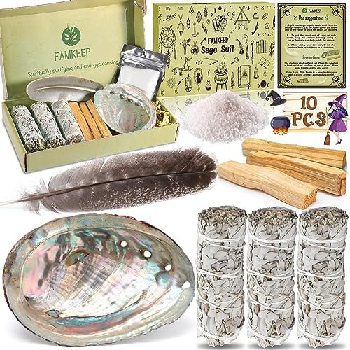 FAMKEEP Räucherset,Salbei Räuchern,Weißer Salbeis Zum Räuchern 3 Bündel,3 Wurzeln Palo Santo,Abalone-Muschel, Salbei Räuchern zur Energetischen Reinigung,Beseitigt Negative Energien