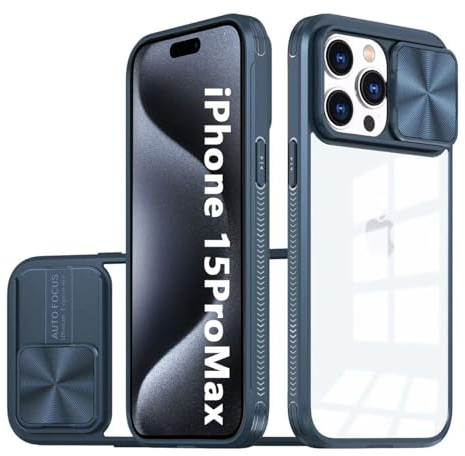 LIUKM Coque Compatible avec iPhone 15 Pro Max, Cache Camera Protection, Étui avec Cache Caméra Coulissante, composé d'un Dos en PC et d'un Cadre en TPU - Bleu