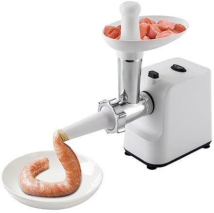 Elektrischer Fleischwolf 1000 W Wurstfüller Multi Küchenmaschine mit 3 Edelstahl Lochscheiben/Stopper/Kebbe Attachment/Aufbewahrungsbox für Zubehör (Weiß)