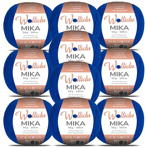 Wollidu Mika 51% Polyacryl 49% Baumwolle zum Häkeln und Stricken 10x 50g/165m Oeko-Tex Strickgarn Häkelgarn - Blau