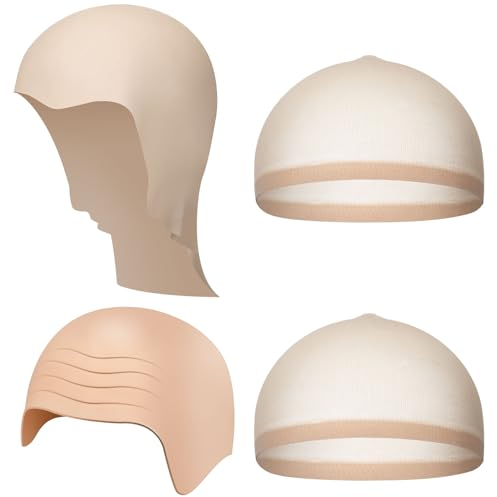 Cindeer 4 Stück Glatzkopf Kappen für Kostüm Latex Glatze Kappen Glatze Perücke Set Haut Glatze Kopfbedeckung Elastische Netz Perücken Kappen Cosplay Accessoires für Erwachsene