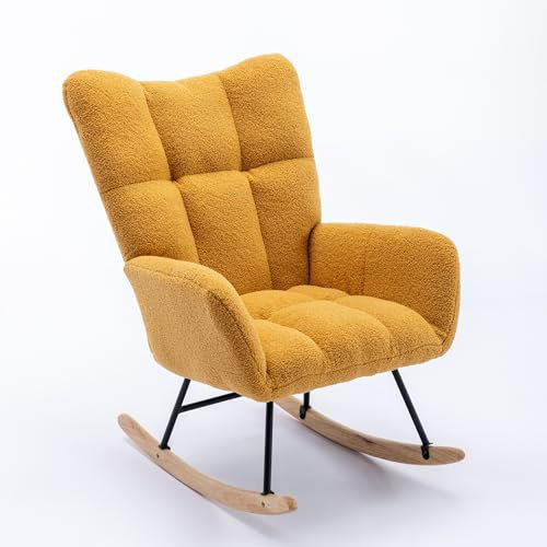 SPOFLYINN Schaukelstuhl für Kinderzimmer, Wingback Glider, Wippe mit sicherem Massivholzsockel, weicher Teddy-Stoff, Schaukelstuhl für Wohnzimmer, Schlafzimmer, Gelb
