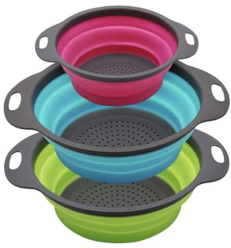 Set of 3 Niklye Ultimate Kitchen Strainers—1×10” & 2×12” Collapsible Silicone Colanders. Now more durable and robust for everyday use with pasta, veggies, fruit & more.