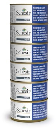 Schesir, Nassfutter für Erwachsene Katzen, Thunfisch mit weißem Fisch, Filets und 100% natürliches Gelee, 6 Dosen x 85 g