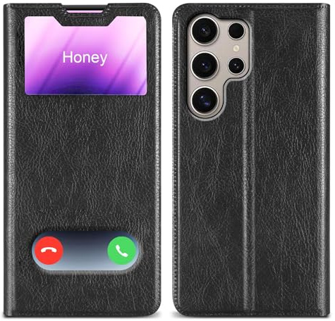 Cadorabo Hülle kompatibel mit Samsung Galaxy S24 Ultra in KOMETEN SCHWARZ - Schutzhülle mit Magnetverschluss, Standfunktion und 2 Sichtfenstern