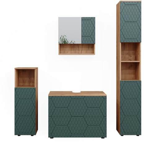 Vicco Badmöbel-Set Irma, Grün/Goldkraft Eiche, 80 cm | besteht aus Waschbeckenunterschrank, Spiegelschrank, Hochschrank und Midischrank