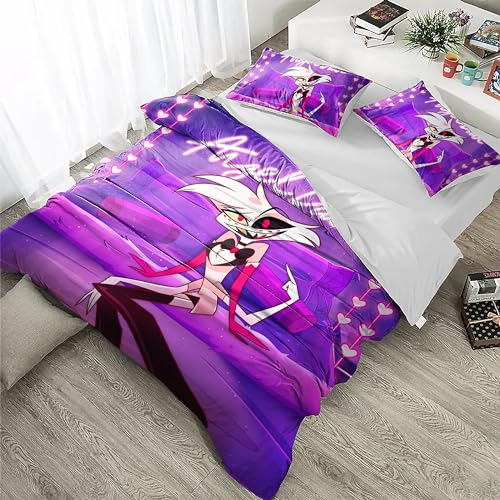 Anjinguang Anime Bettbezug Hazbin Hotel Angel Dust Alastor Charlie Bettwäsche-Set 3-teilig (mit 2 Kissenbezügen), Schlafzimmerdekoration, Mikrofaser, Steppdecke für Erwachsene und Kinder