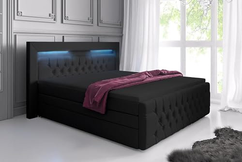 Boxspringbett Sonno 140x200 Doppelbett Polsterbett Bett mit RGB-Beleuchtung, USB-Anschluss und Stauraum | Bezug: Kunstleder | Farbe: Schwarz | Härtegrad: H4 (100kg+)