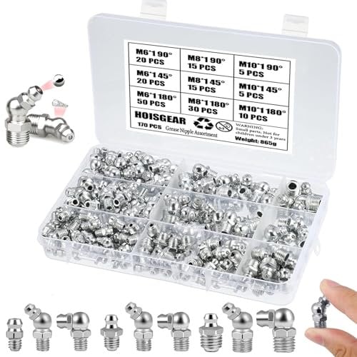HOISGEAR 170 Pezzi Set di Ingrassatore, Grasso Raccordo Assortimento M6 M8 M10 Ingrassatori per Raccordo in Metallo Ingrassatori Testine 45° 90° 180° con Scatola Portaoggetti per Pistole per grasso