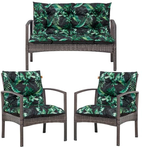 Bielik 3-teiliges Gartenkissen-Set – Sitzpolster für Gartensofa & Rattanmöbel | Bankauflage + 2X Stuhlkissen | Outdoor & Indoor, Water-Repellent, gepolstert, (grüne Blätter)