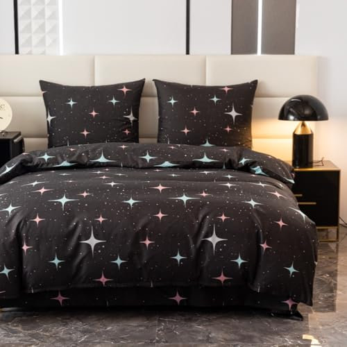 Cotton Market Bettwäsche - Bettwäsche-Sets 3 Teilig - Bettbezug 135x200 cm und 1 Kissenbezug 70x80 cm - Sterne(Schwarz)