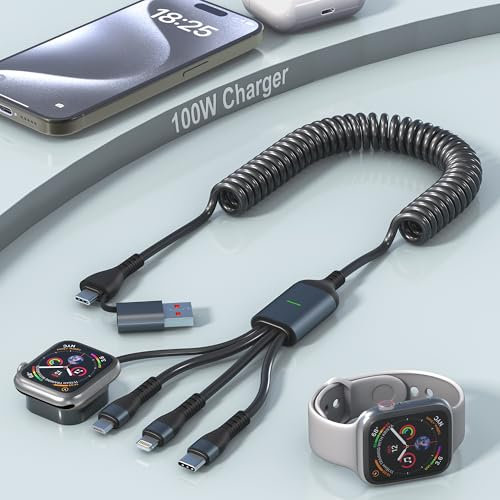 4 in 2 Multi Charging Cable for Apple Watch Charger USB C,100W Retractable iPhone and Watch Charger Cable Fast Charging Cord with Lightning/Micro/Type C/iWatch for iPhone iPad iWatch MacBook