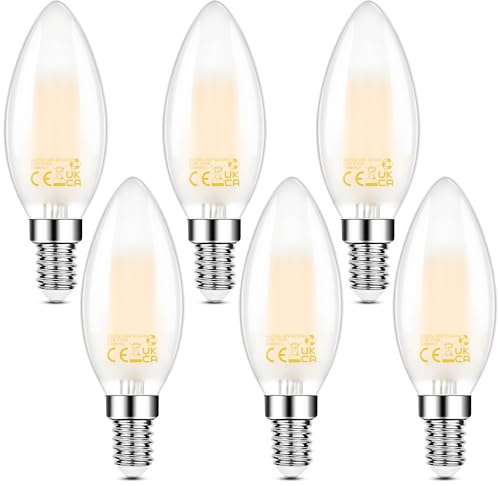 Hcnew E14 Dimmbar Kerze LED Lampe für Kronleuchter, 6W(Max.6.5W) 806 Lumen ersetzt 60 Watt,2700K Warmweiß Vintage LED Filament Glühlampen,Milchglas,6 Stück