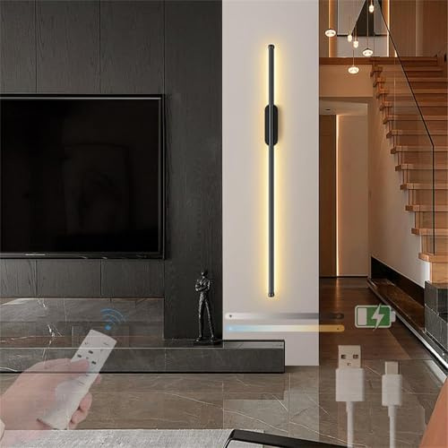 LED Dimmbar Wandleuchte mit Fernbedienung Wandleuchten Innen 3 Farbmodi Helligkeit 10-100% Wandlampe USB Aufladbare Batterie Betrieben Wandbeleuchtung Modern Kabellose für Wohnzimmer (Schwarz,60cm)
