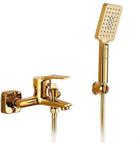 Moderne Messing-Badewannenarmatur mit Handbrause und 1,5 m Schlauch, Wandhalterung, goldfarben, Duscharmatur für Badewanne, Einhebel-Design, inklusive Halterung (Farbe: A)
