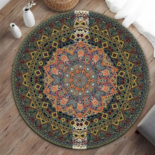 Hearda Teppich Rund, Klassischer Mandala-Stil Reppich Schlafzimmer, Modern Innenbereich Runder Teppich, Waschbarer rutschfest Teppich, Flur Teppich,fürs Wohnzimmer,Büro (Ethnisch,120cm)