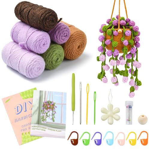 LiQunSweet Lovely Purple Flower Crochet Kit DIY Wool Yarn Woven Creative Hanging Basket Floral Plants Knitting Kits with Step-by-Step Video for Beginner Home Decoration
