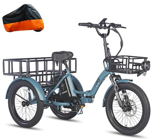 Fafrees F20 Mate E Bike Dreirad Erwachsene 48V [ Offiziell ] E-Bike Klapprad 20 Zoll Damen Herren (18.2AH Akku mit Vordere Lastenkorb+große hintere Lastenkorb, Blau)
