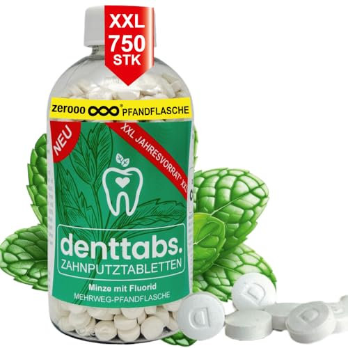 Denttabs Zahnputztabletten xxxl Jahresvorrat 750 Stk in der Pfandflasche. Minze mit Fluorid. Karieschutz ohne Konservierungsstoffe ohne Müll. Die vollständige Alternative zu herkömmlicher Zahnpasta.