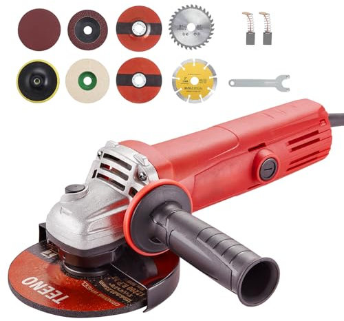 TEENO Smerigliatrice Angolare 1000W Con 20 Accessori, Smerigliatrice Angolare Velocità a Vuoto 12000 giri/min, (disco da 125 mm) per Tagliare e Levigare, Lucidare, Metallo, Legno, Ceramica, Pietra