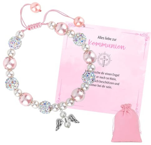 Ozagkad Schutzengel Armband für Mädchen, Kommunion Geschenke, Perlen Armbänder mit Schutzengel Anhänger, Geschenk zur Kommunion für Mädchen (Rosa, Eine Grösse)