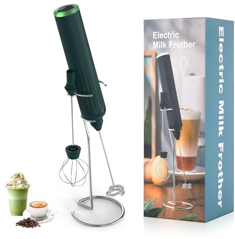 Lychico Rechargeable Milk Frother Handheld Foam Maker with Stainless Whisk and Stand, Powerful 2 Heads 3 Speeds Fast Handheld Drink Mixer for for Latte, Cappuccino, Hot Chocolate, Egg, Green