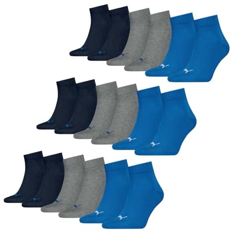 PUMA unisex Quarter Sportsocken Kurzsocken Socken 9 Paar, Farbe:Mehrfarbig, Menge:9 Paar (3x 3er Pack), Größe:47-49, Artikel:-277 blue/grey melange