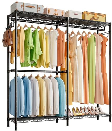 Solerconm Portant à Vêtements Solide avec 3 Tringles et Étagères Ajustables, Portique à Vêtements pour Chambre, Penderie Vêtements Autoportante, 145x40x193 cm, Noir