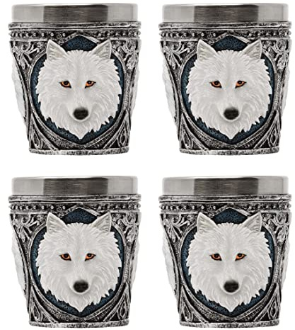 MystiCalls 4x Shotbecher weisser Wolf - Schnaps, Schnapsbecher, Wolfsbecher