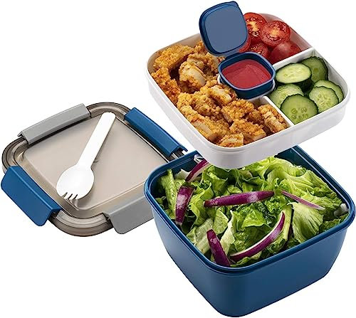 MINIMARG Salad Lunch Box 1.1L – Large Salad Bowl with Lid, BPA-Free |3-Compartment Bento Box Microwave Safe – Yumbox Style Salad Bowl with Dressing Containers, Built-in Reusable Spoon (Blue)