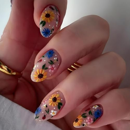 Calkkrer 3D Blumen Künstliche Nägel Zum Aufkleben, Elegante Mandel Förmige Presse Auf Nägel, Hochwertige Acryl Nagel Mit Langem Halt, Salon-Qualität Zuhause