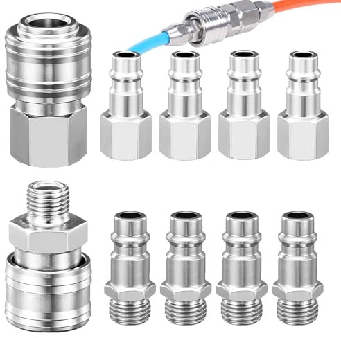 Begpoee 10 Pièces 1/4BSP Raccord Rapide Européen, Raccords de Compresseur, Raccord d'Air 1/4 Pouce, Raccord Pneumatique, Raccord de Compresseur pour Tuyau Pneumatique(Argent)