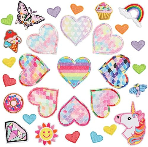 30 Stück Bunt Herz Stickerei Aufnäher Patches,Iron on/Sew on Patch Flicken Bügelbilder Bestickte Aufnäher für Aufnähen oder Aufbügeln auf Kleidung,Jacken,Hut,Jeans,DIY Kleid,T-Shirt,Rucksäcke