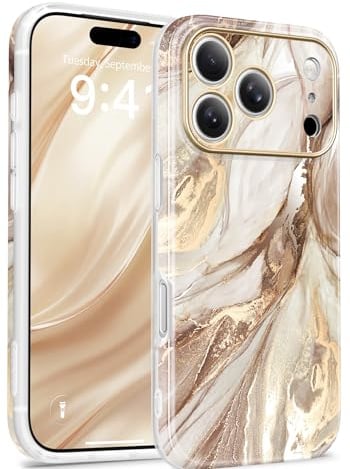 GVIEWIN Kompatibel mit iPhone 17 Pro Hülle 6,3 2025, [Kompatibel mit MagSafe][Vollständiger Kameraschutz] Marmor Stoßfest Fallschutz Kratzfest Magnetisch Handyhülle,Topas/Gold
