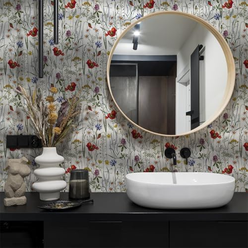 Selbstklebende Tapete Silber Rote Blume Klebefolie Möbel Vinyl Fototapete Selbstklebend Wasserabweisend Wallpaper for Living Room Mustertapete Schlafzimmer Tapeten (38.6x480.6 CM)