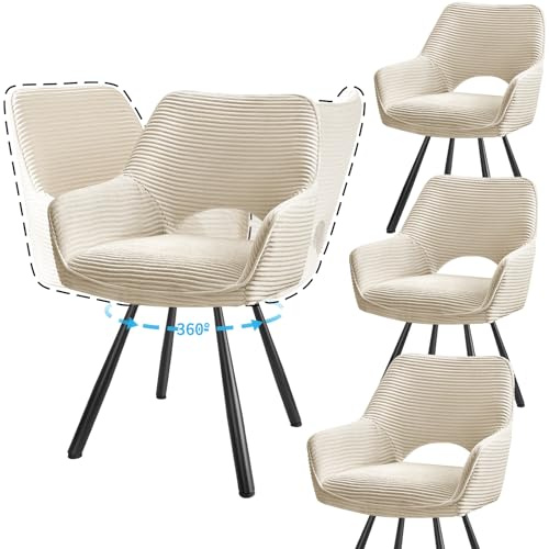 JIJIAN 4er Set 360° Drehbare Esszimmerstühle mit Armlehnen, Beige | Drehbar Stühle Esszimmer mit Metallbeinen, Moderner Küchenstuhl aus Cord, Polsterstuhl für Esszimmer, Küche, Wohnzimmer