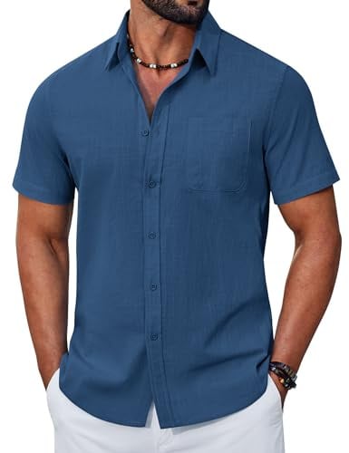 COOFANDY Camicia Uomo a Maniche Corte in Cotone Estiva Regular Fit Camicie Casual con Tasche Blu Scuro XXL