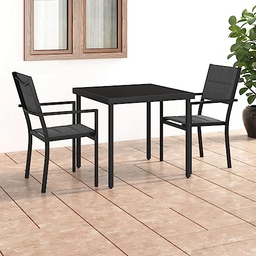 Hoopleep 3-TLG. Garten-Essgruppe Stahl, Outdoor Esszimmer Set mit 80x80cm Glastisch, 2 stapelbaren Stühlen, Anthrazit, für Terrasse