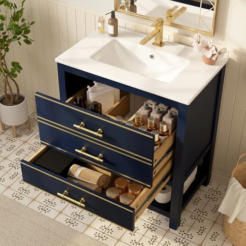 Lexiou Mueble de baño con lavabo de cerámica, mueble de baño independiente con 2 cajones y compartimento abierto, asas doradas, sin grifo ni desagüe (negro y azul)