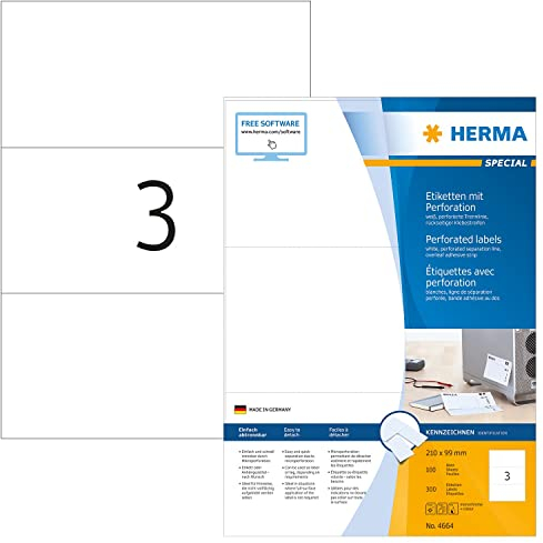 HERMA 4664 Etiketten perforiert, 100 Blatt, 210 x 99 mm, 3 pro A4 Bogen, 300 Stück, selbstklebend, bedruckbar, matt, blanko Papier Klebeetiketten Aufkleber mit perforierten Trennlinien, weiß