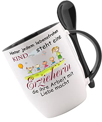 Löffeltasse 'Hinter jedem lebensfrohen Kind steht eine Erzieherin die ihre Arbeit mit Liebe macht' Tasse mit Löffel, Kaffeetasse, Abschieds - Geschenk Kita Kindergarten