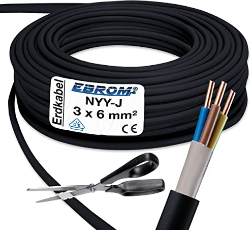 EBROM Starkstromkabel NYY-J 3x6 mm² - Erdkabel - NYY-J 3x6 mm² - schwarz - Meterware auf den Meter genau: Auswahl in 5 Meter Schritten, ab 5 Meter - 3x6 mm2 - Ihre Länge: 40 Meter