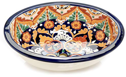 Dina - Oranges Mexikanisches Ovales Waschbecken | Oval Einbauwaschbecken mit Rand | Keramik Talavera Einbau/Unterbau Waschbecken aus Mexiko