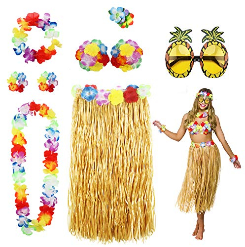 PHOGARY 8 Teilig Hawaii Mottoparty Kostüme Set, Hula Rock (Naturfarben), Blumenkette, Blume-Armbänder, Blumen-BH, Haarblume, Ananas-Sonnenbrille für Tikiparty Beachparty Deko