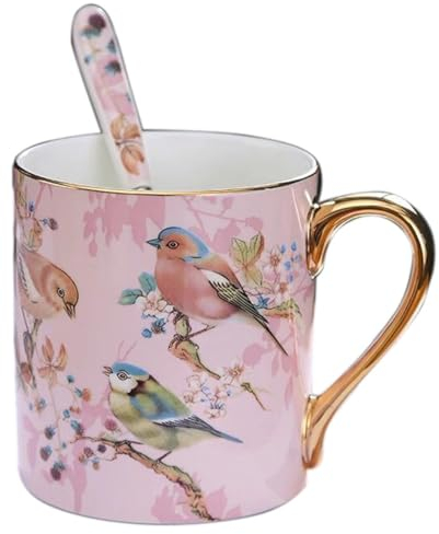 YBK Tech Bone China Porcelain Tea Cup, 12oz Coffee Mug for Home Kitchen Office - Birds Pattern (Pink)