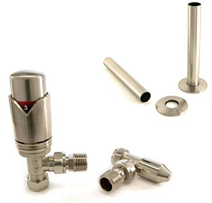Wave Modern Angled TRV Wheel-Head Radiator Valve (Satin Nickel with 130mm Pipe Covers)